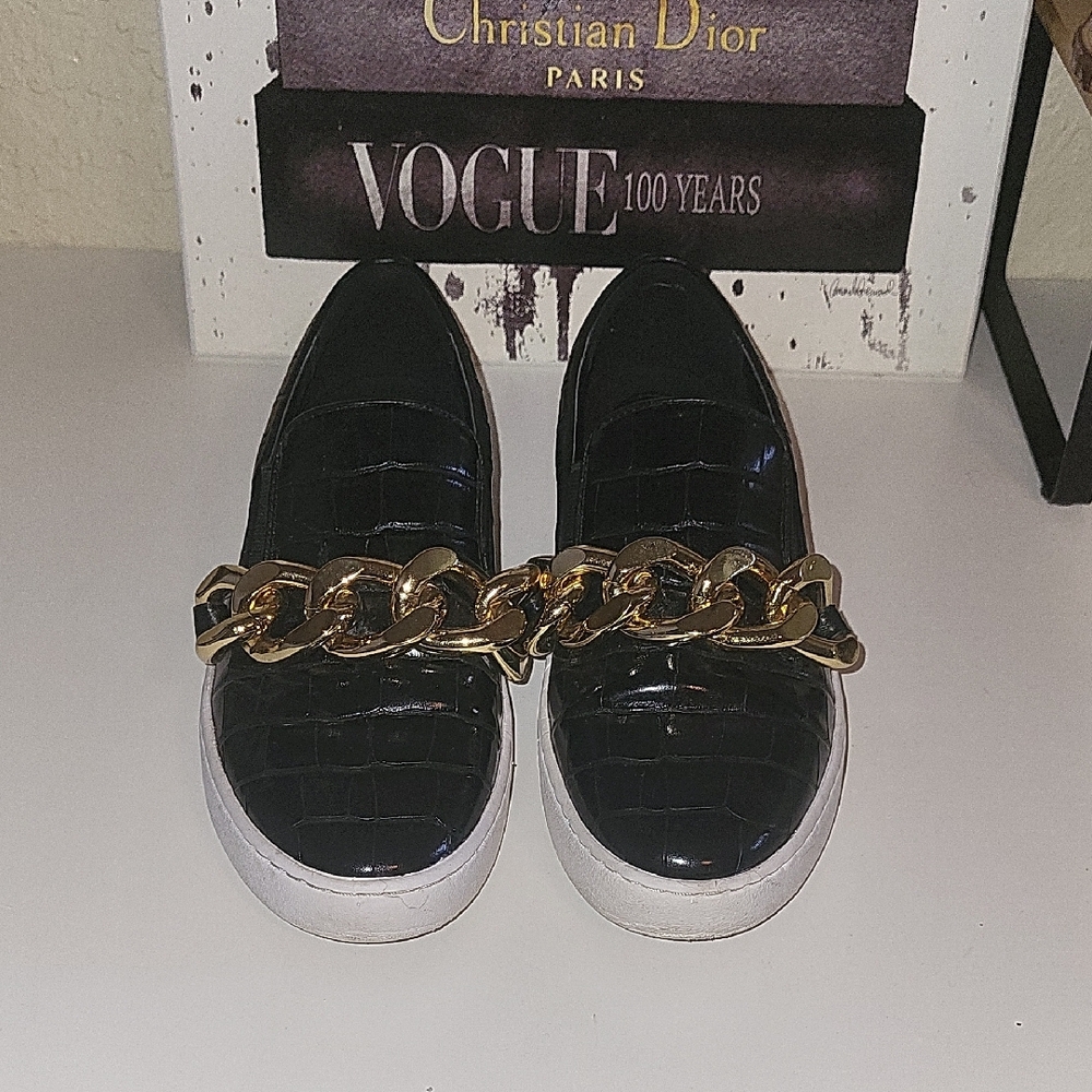 MICHAEL Michael Kors Keaton Black Embossed Crocodile Print Sneakers with Gold C…